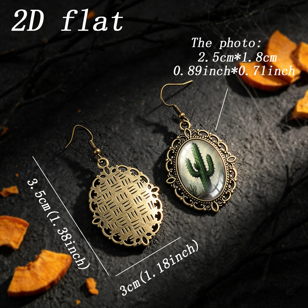 Desert Cactus Pattern Oval Dangle Earrings, Handmade Gift